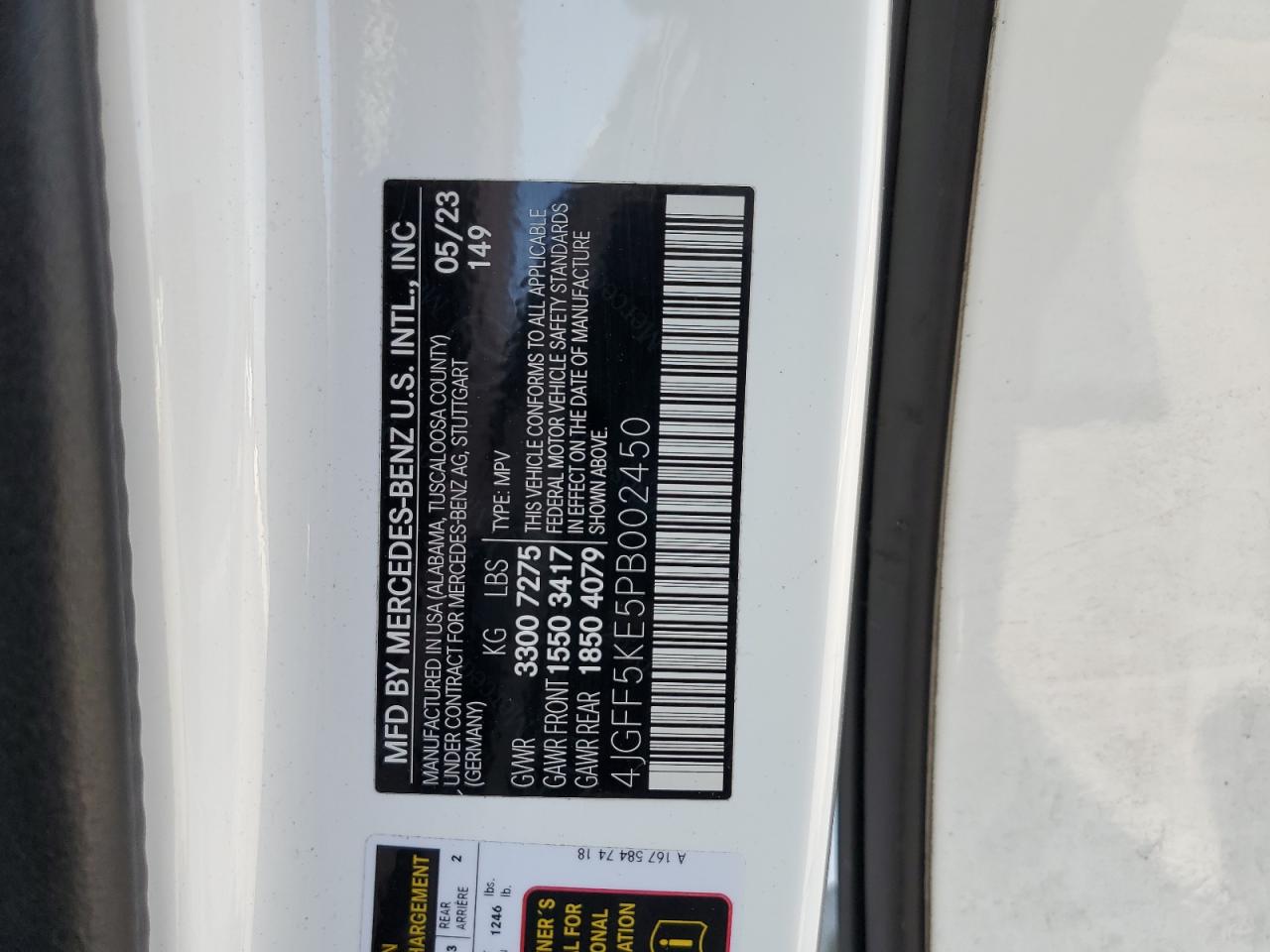 2023 MERCEDES-BENZ GLS 450 4MATIC VIN:4JGFF5KE5PB002450