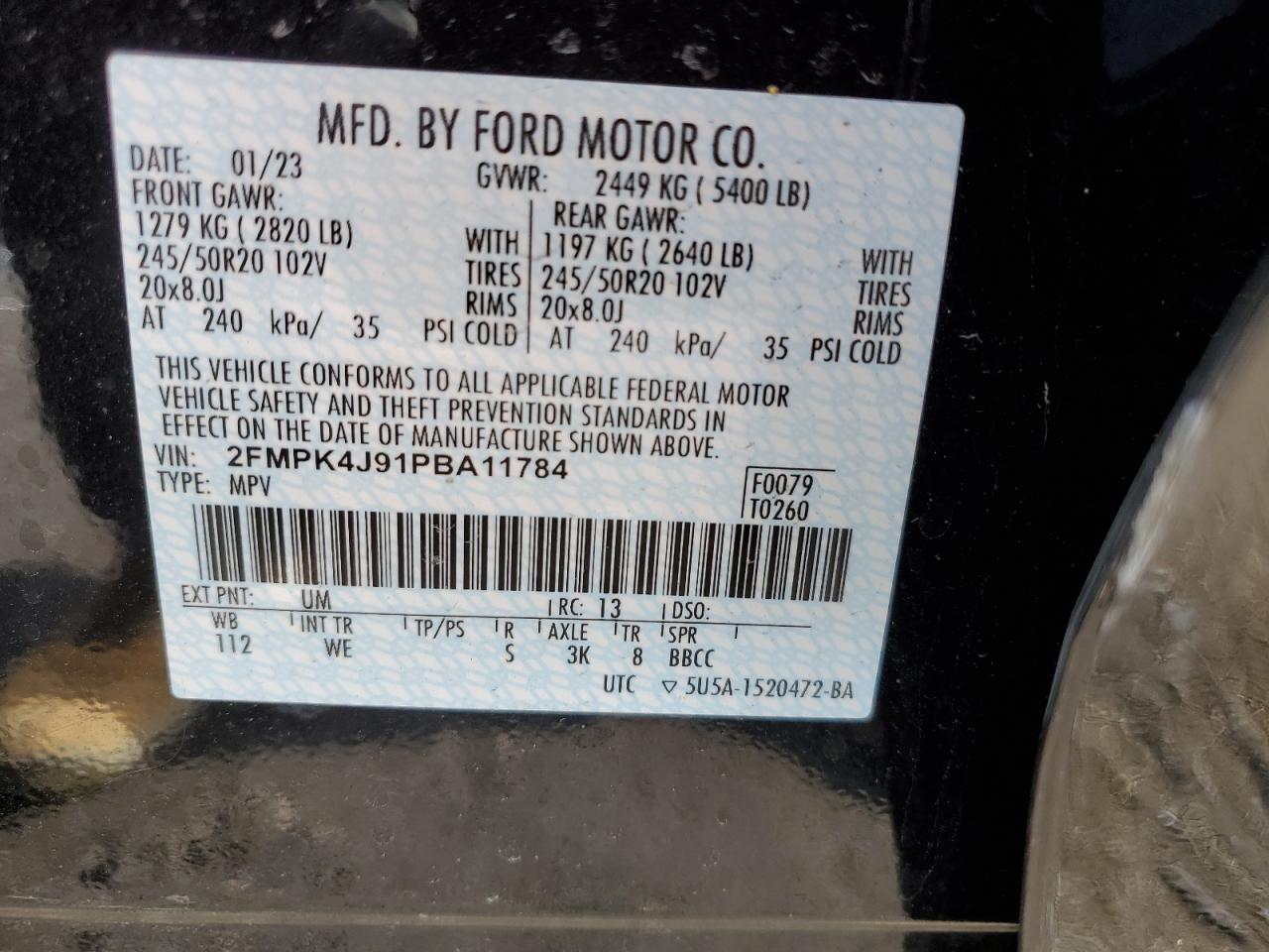 2023 FORD EDGE SEL VIN:2FMPK4J91PBA11784