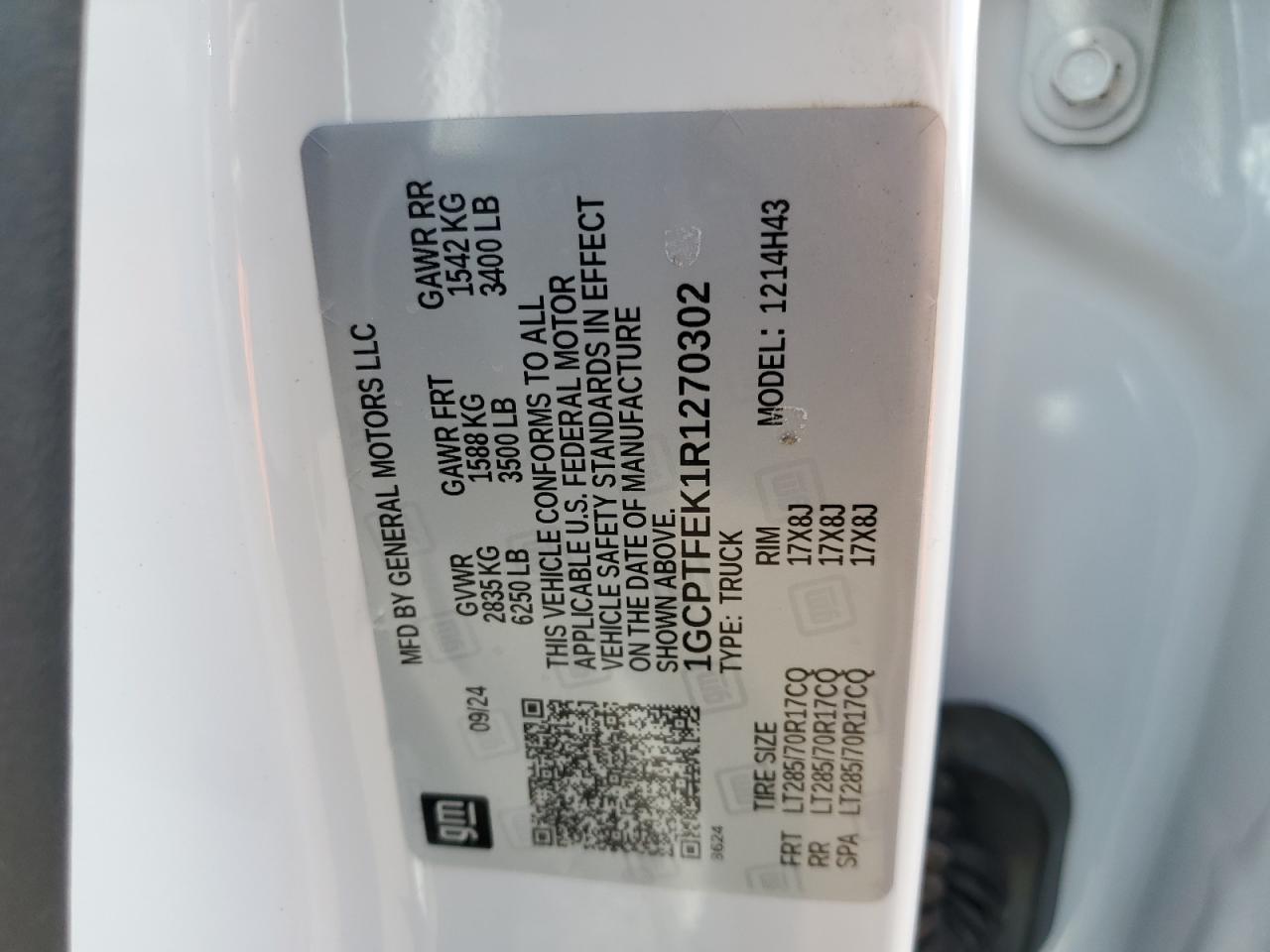 2024 CHEVROLET COLORADO ZR2 VIN:1GCPTFEK1R1270302