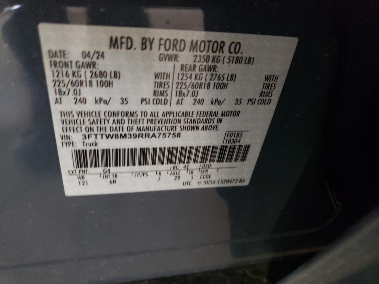 2024 FORD MAVERICK LARIAT VIN:3FTTW8M39RRA75758