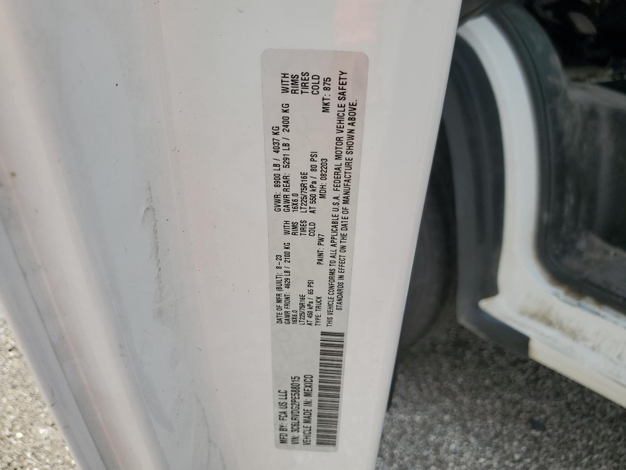 2023 RAM PROMASTER 2500 2500 HIGH VIN:3C6LRVDG2PE588015