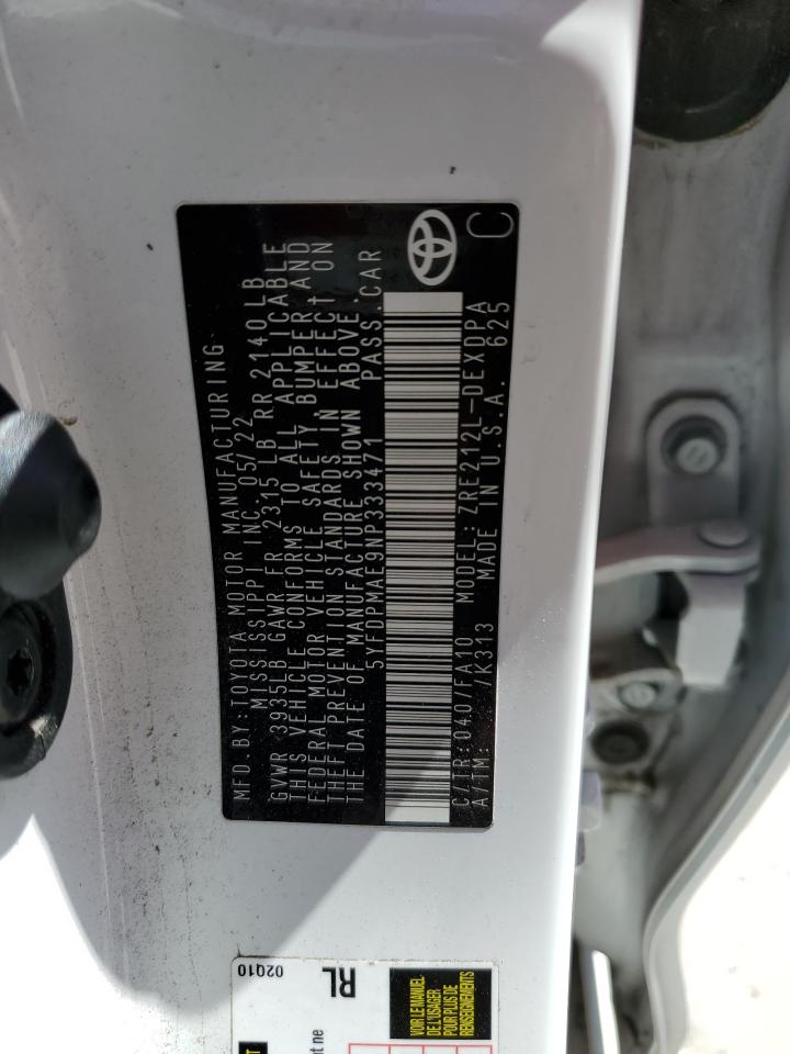 2022 TOYOTA COROLLA L VIN:5YFDPMAE9NP333471