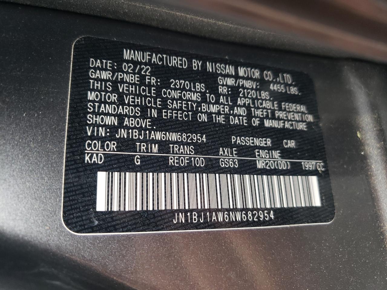 2022 NISSAN ROGUE SPORT S VIN:JN1BJ1AW6NW682954