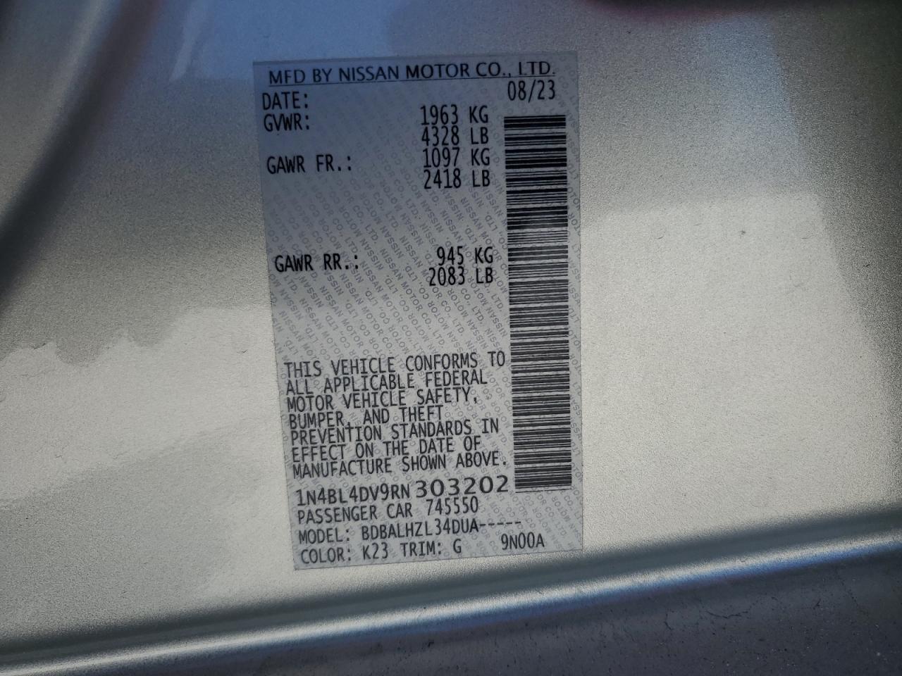 2024 NISSAN ALTIMA SV VIN:1N4BL4DV9RN303202