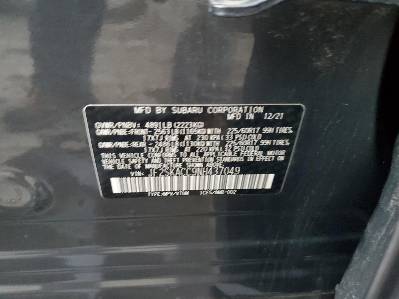 2022 SUBARU FORESTER VIN:JF2SKACC9NH437049