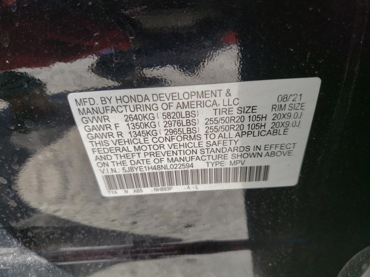 2022 ACURA MDX TECHNOLOGY VIN:5J8YE1H48NL022594