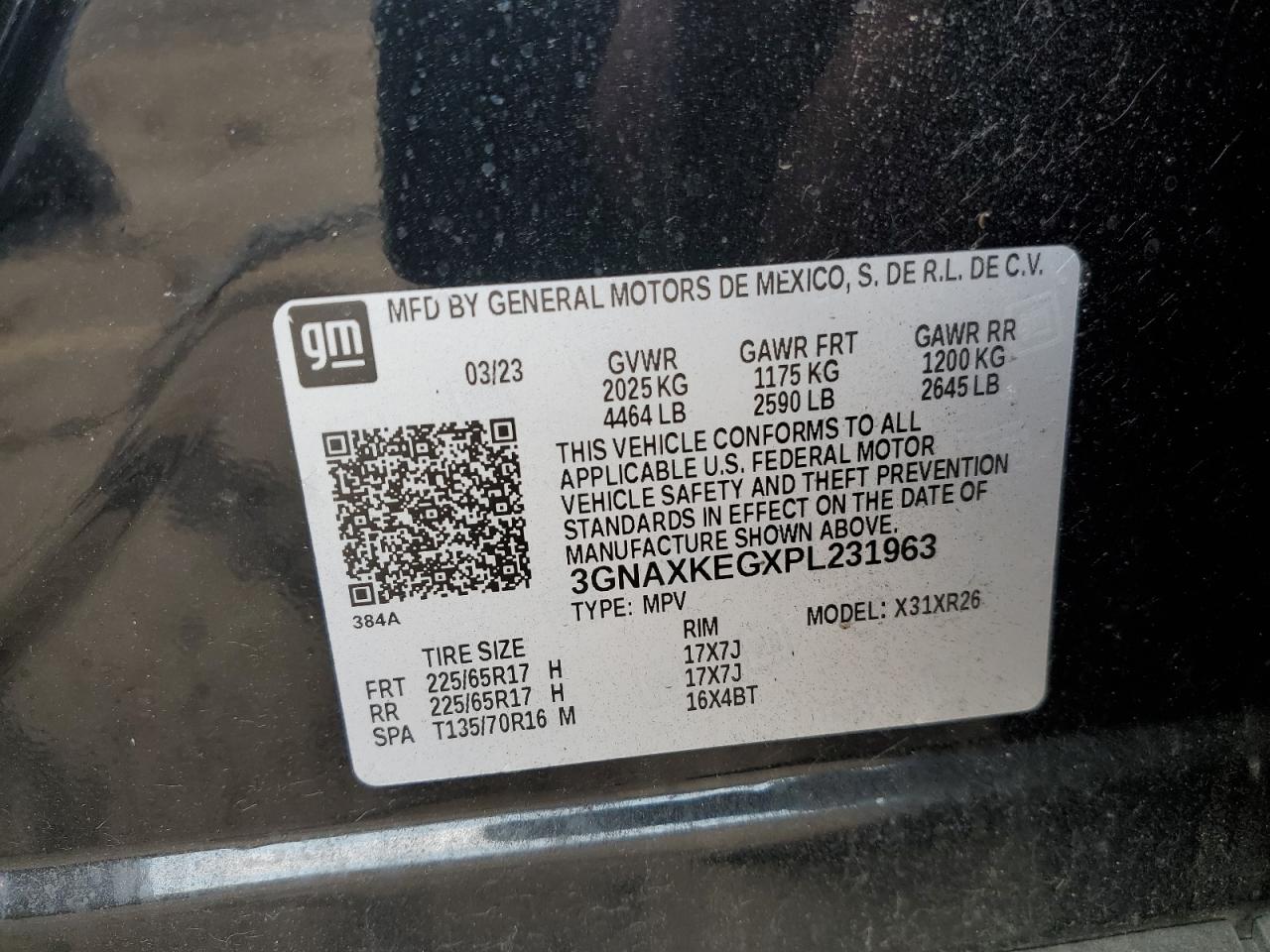 2023 CHEVROLET EQUINOX LT VIN:3GNAXKEGXPL231963