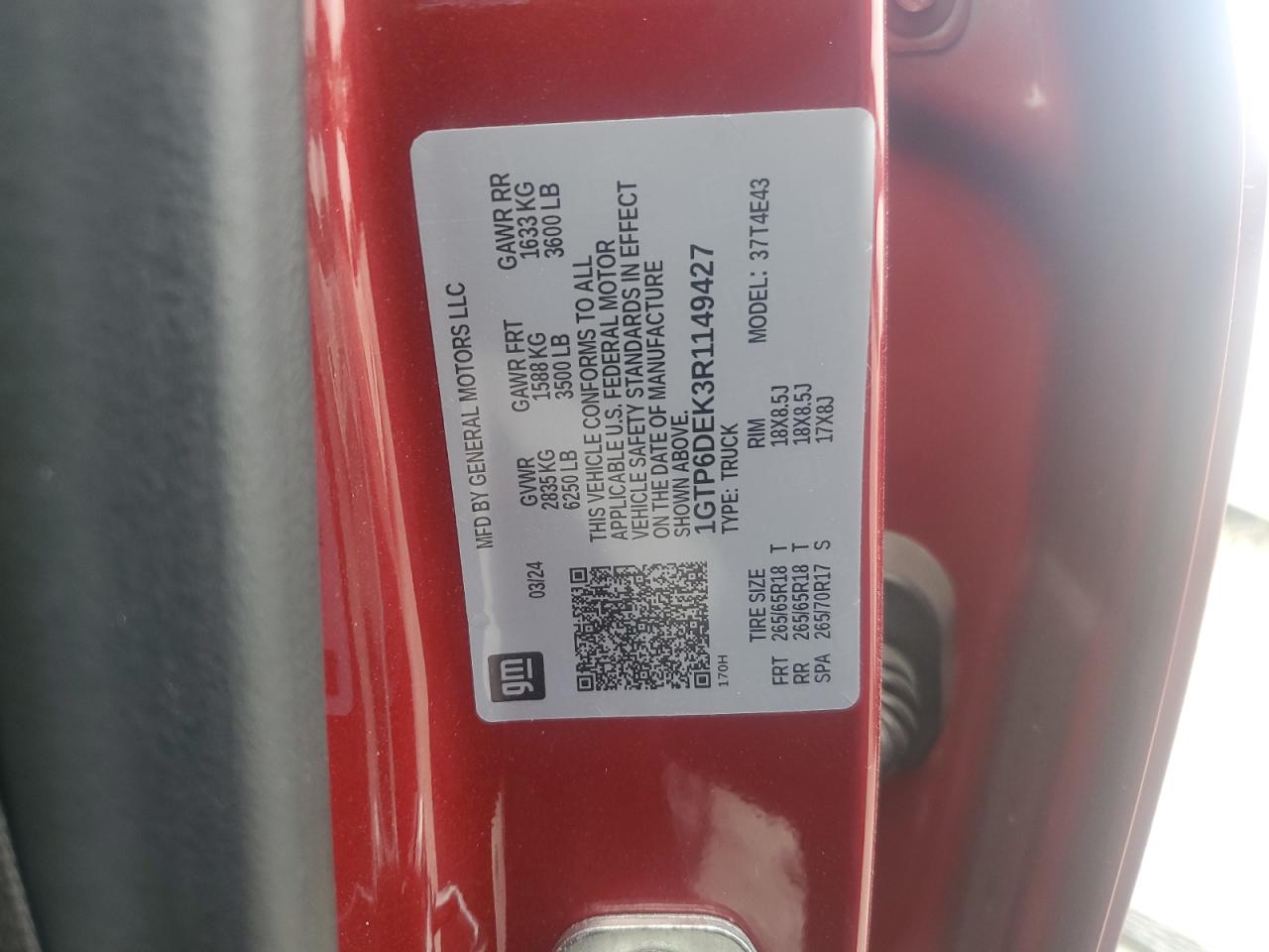 2024 GMC CANYON AT4 VIN:1GTP6DEK3R1149427