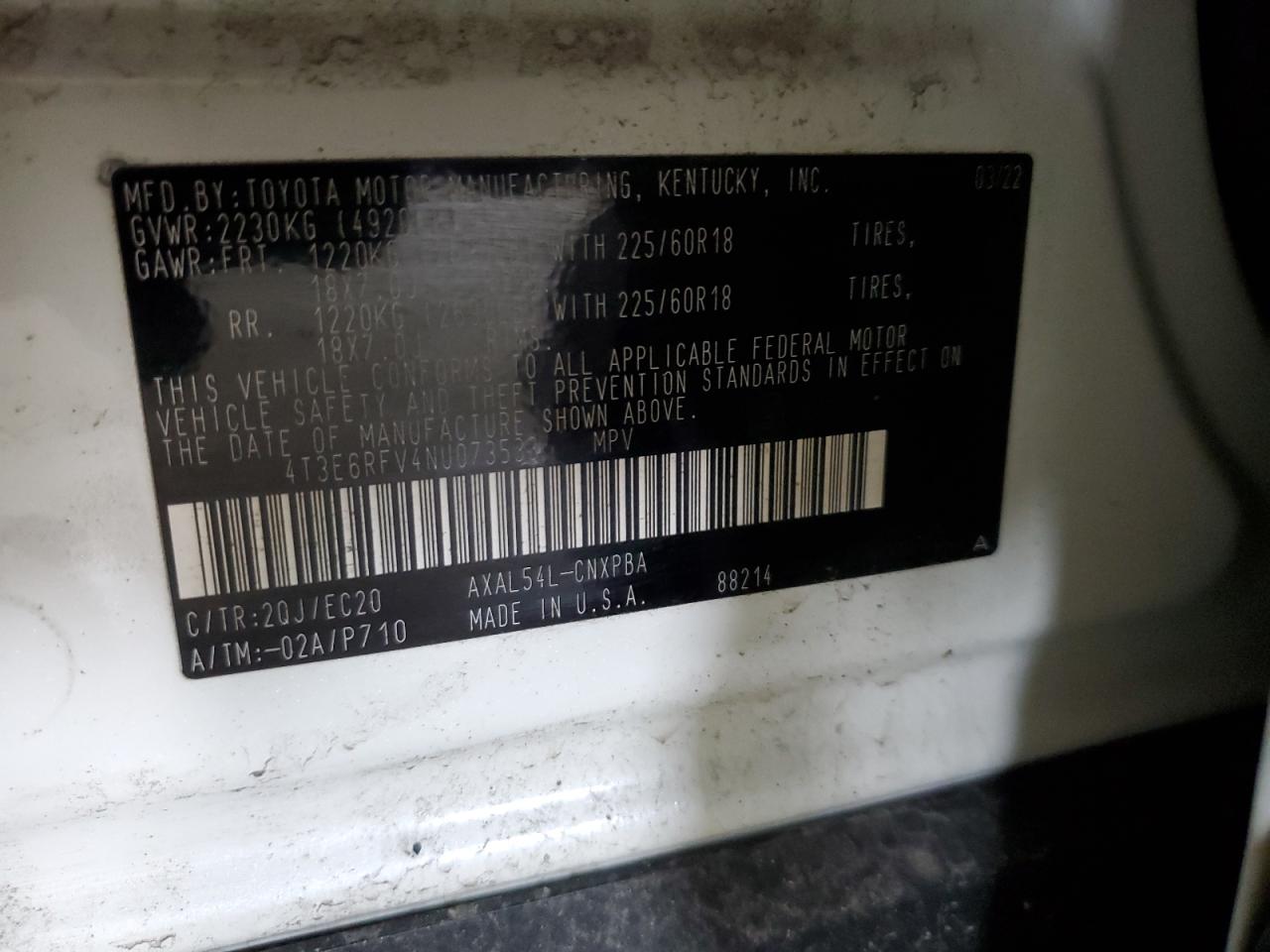 2022 TOYOTA RAV4 XSE VIN:4T3E6RFV4NU073533