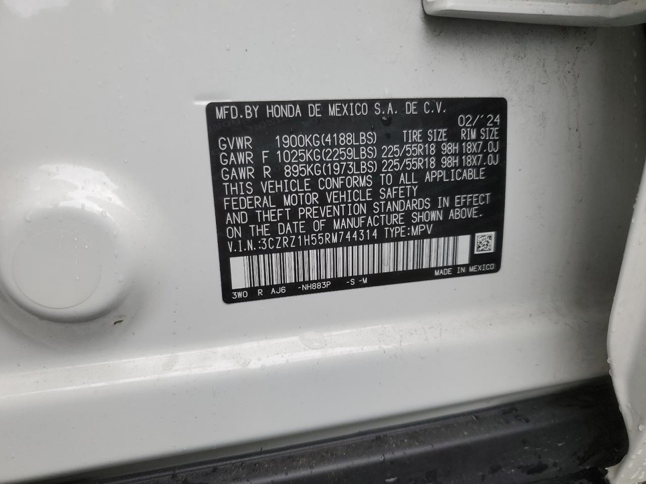 2024 HONDA HR-V SPORT VIN:3CZRZ1H55RM744314