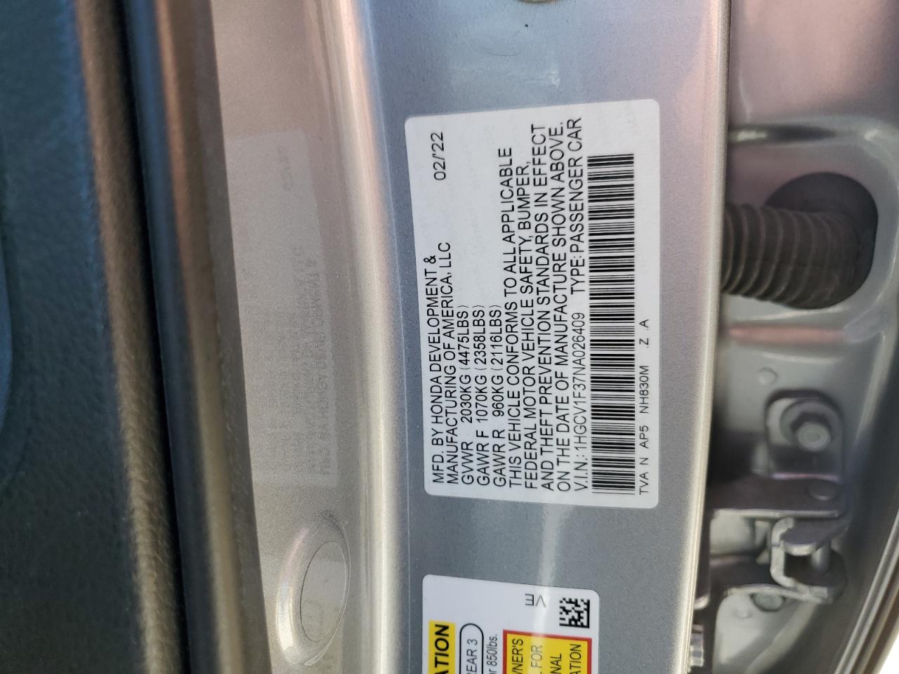 2022 HONDA ACCORD SPORT VIN:1HGCV1F37NA026409