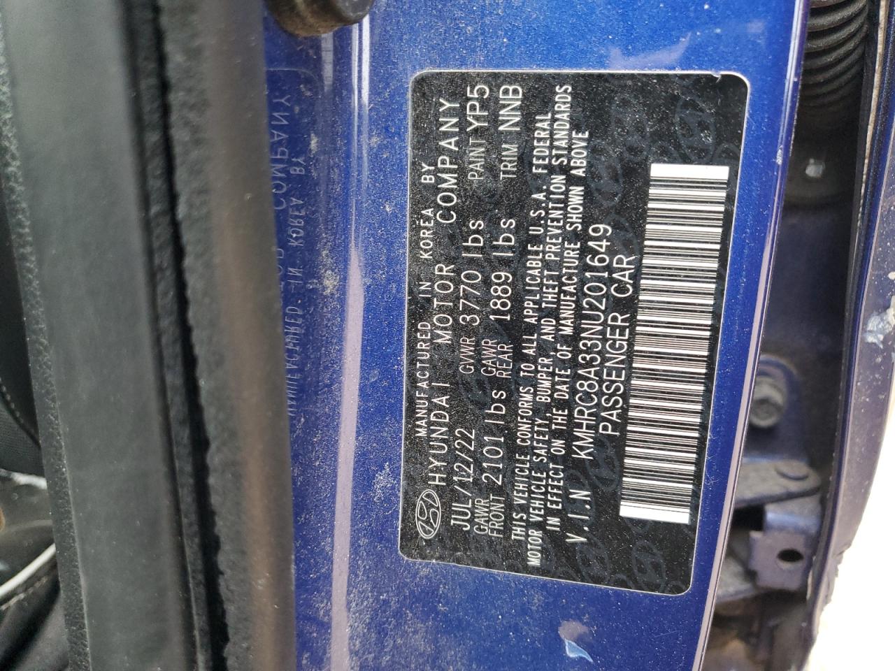 2022 HYUNDAI VENUE SEL VIN:5UX43DP02N9N17615