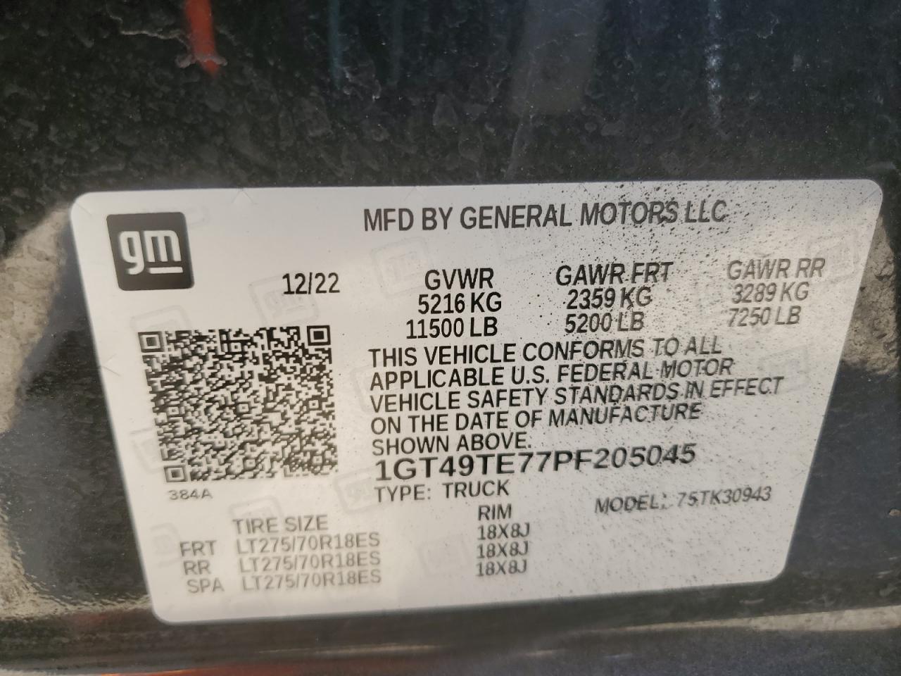 2023 GMC SIERRA K3500 SLE VIN:1GT49TE77PF205045