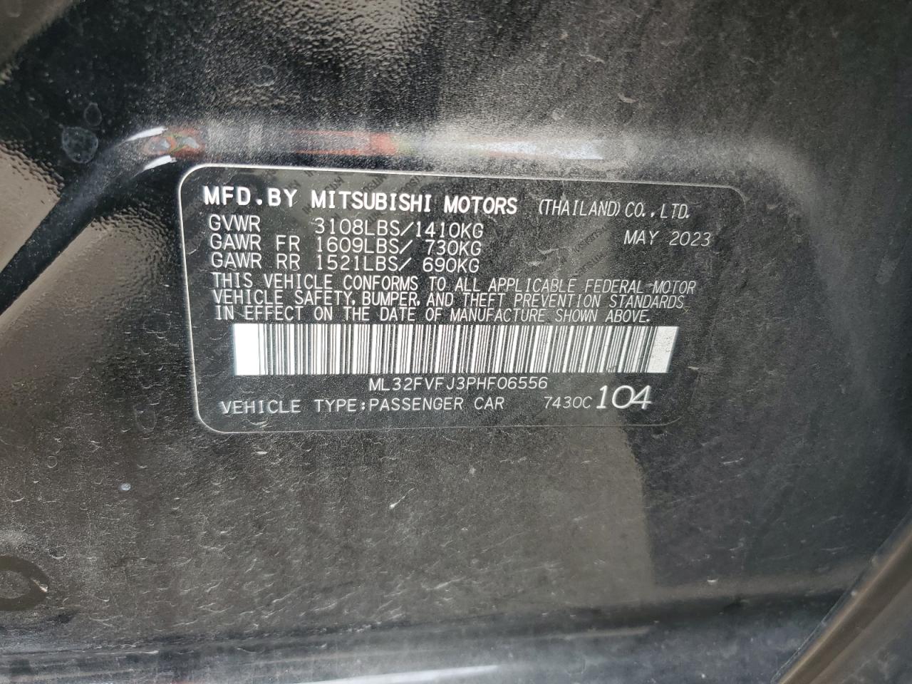 2023 MITSUBISHI MIRAGE G4 SE VIN:ML32FVFJ3PHF06556