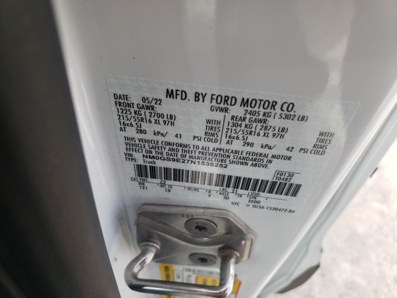 2022 FORD TRANSIT CONNECT XL VIN:NM0GS9E27N1535252