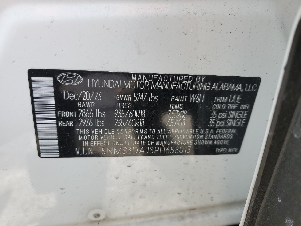 2023 HYUNDAI SANTA FE SEL PREMIUM VIN:5NMS3DAJ8PH658013