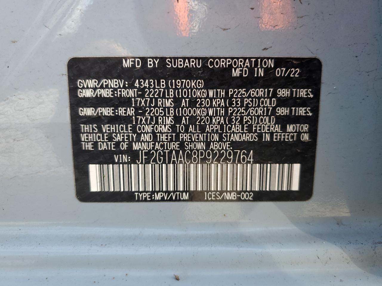2023 SUBARU CROSSTREK VIN:JF2GTAAC8P9229764