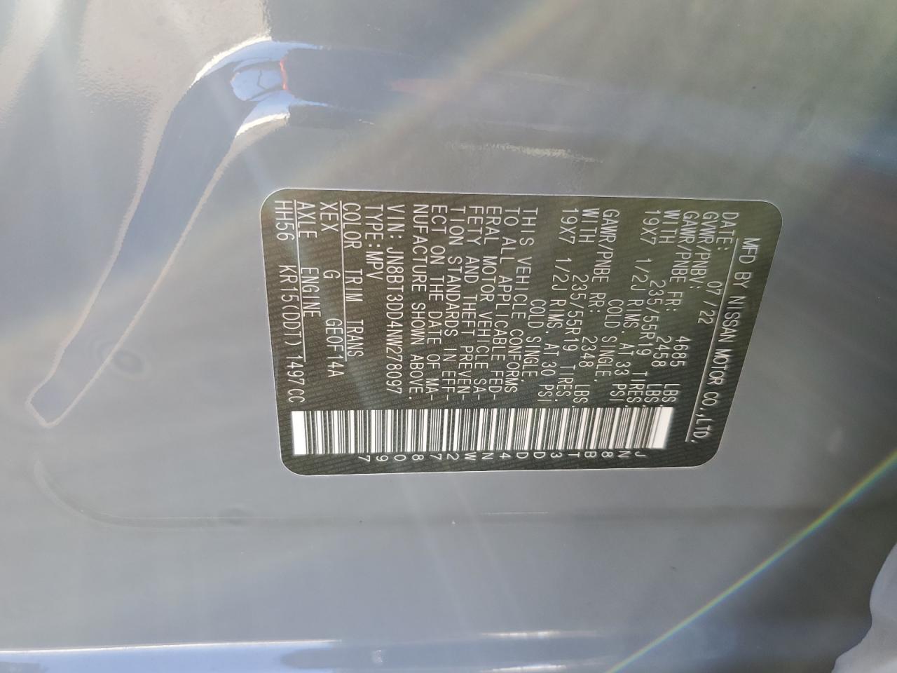 2022 NISSAN ROGUE PLATINUM VIN:JN8BT3DD4NW278097