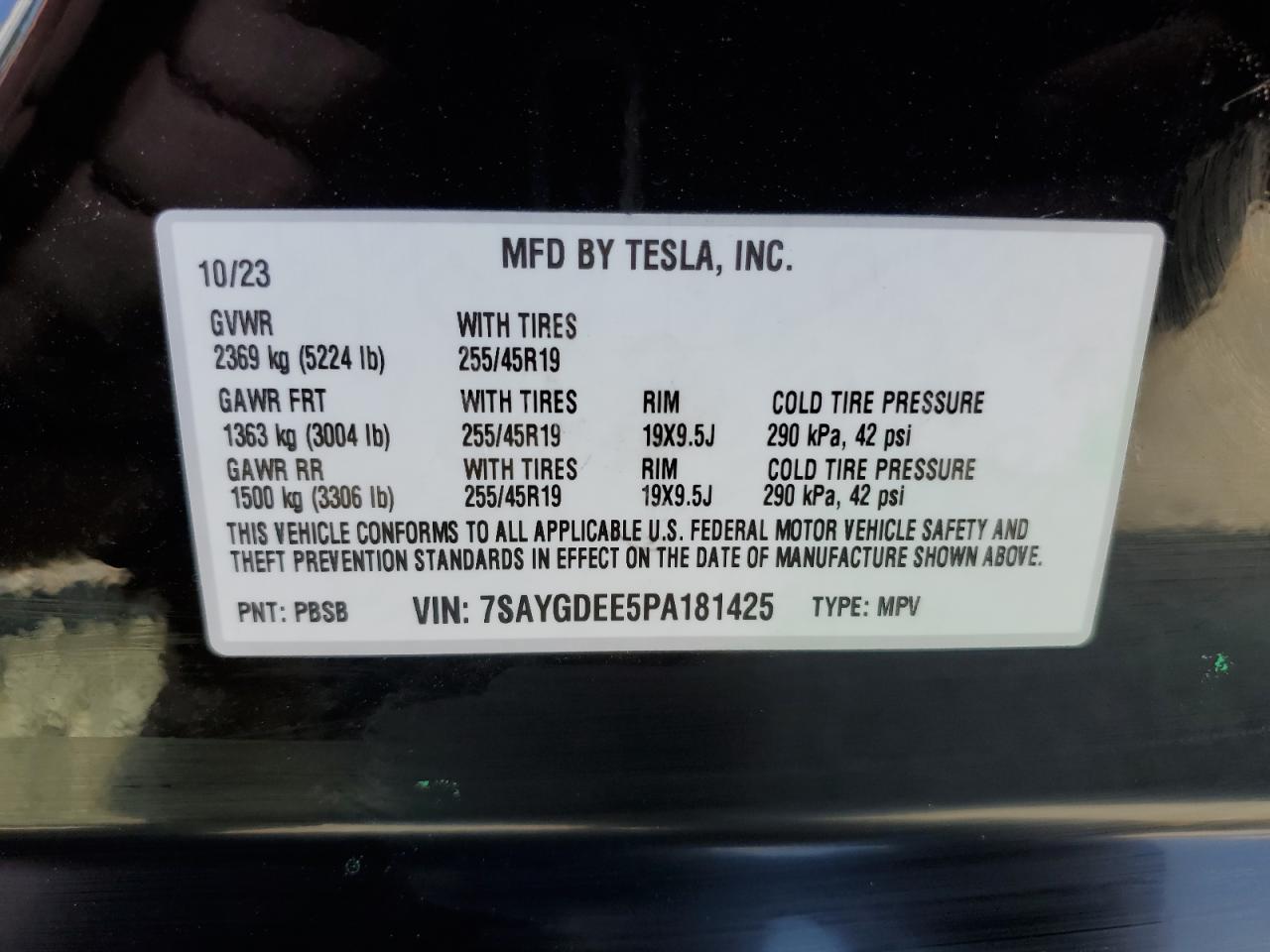 2023 TESLA MODEL Y VIN:7SAYGDEE5PA181425