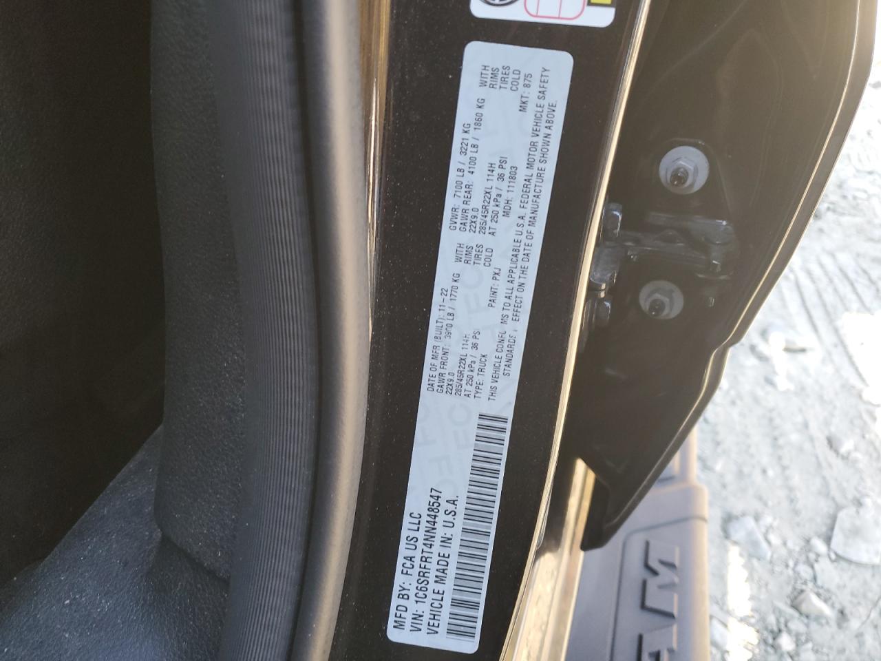 2022 RAM 1500 LARAMIE VIN:1C6SRFRT4NN448547