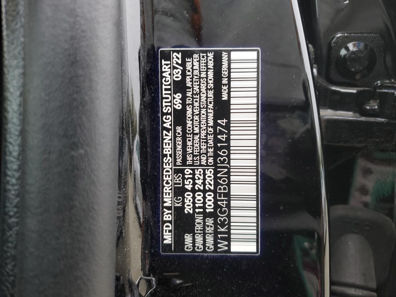 2022 MERCEDES-BENZ A 220 4MATIC VIN:W1K3G4FB6NJ361474