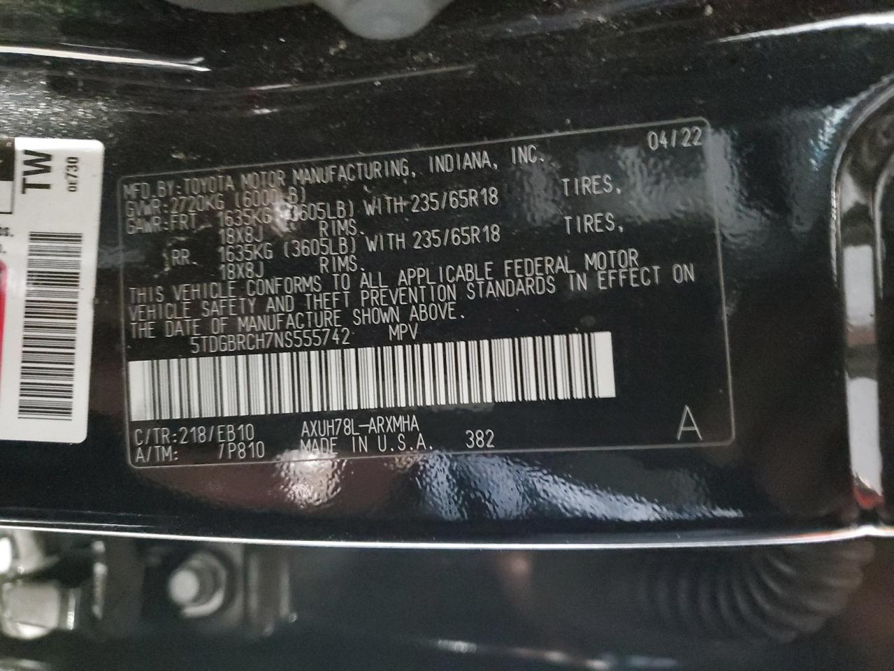 2022 TOYOTA HIGHLANDER HYBRID XLE VIN:5TDGBRCH7NS555742