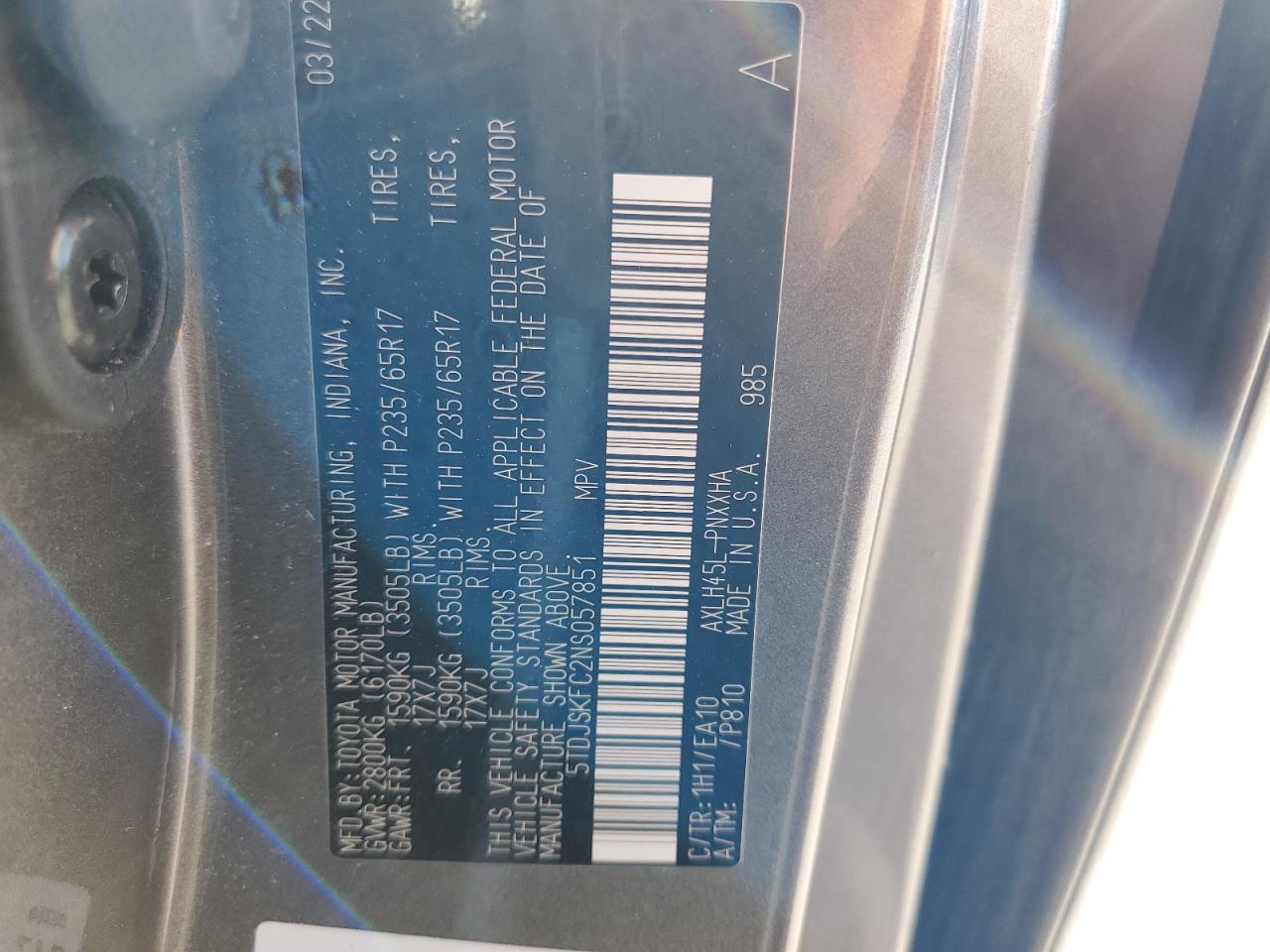 2022 TOYOTA SIENNA XLE VIN:5TDJSKFC2NS057851