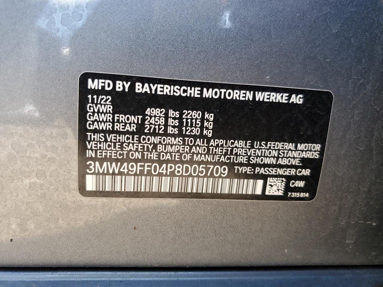2023 BMW M340XI VIN:3MW49FF04P8D05709
