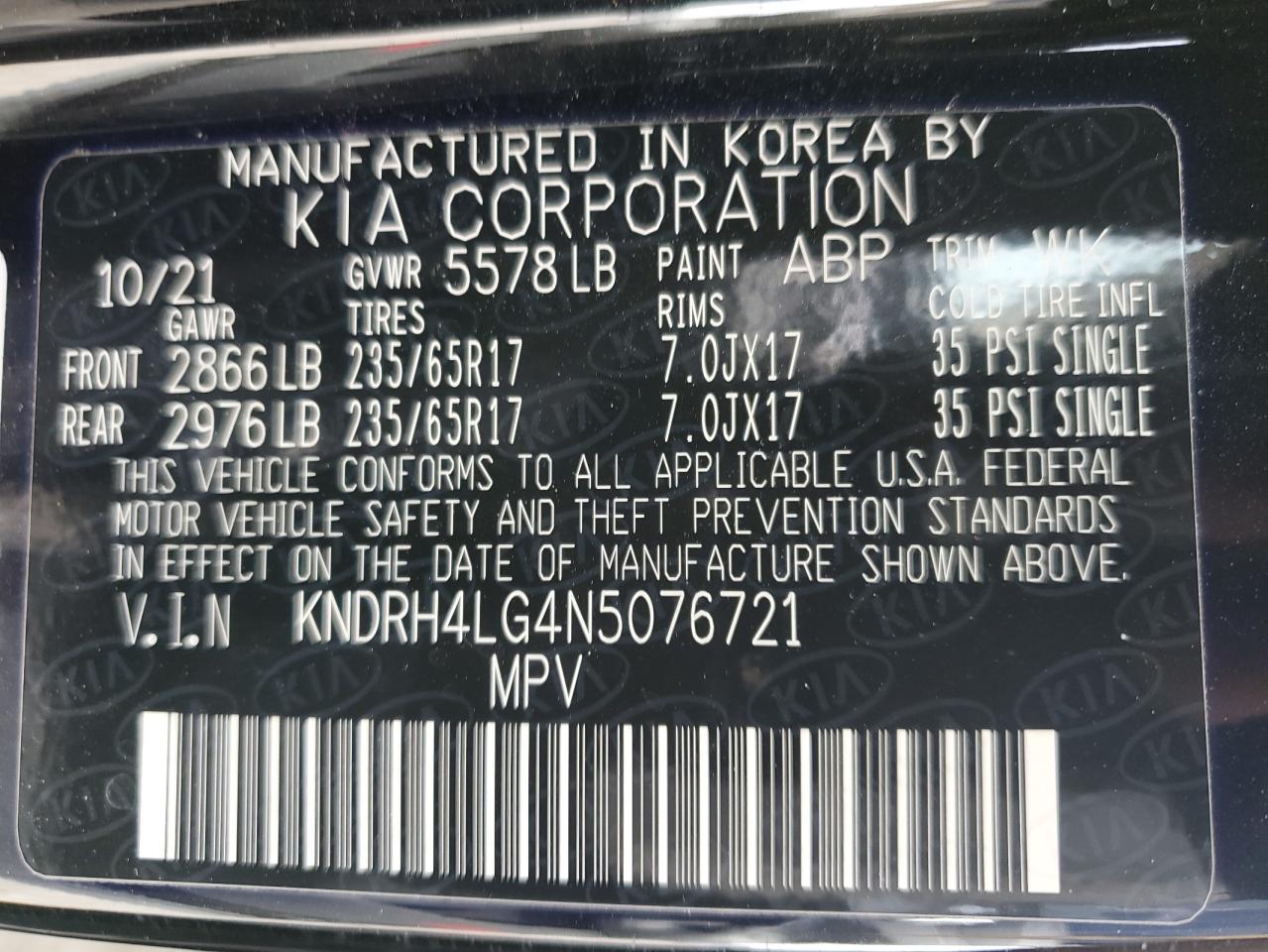 2022 KIA SORENTO EX VIN:KNDRH4LG4N5076721