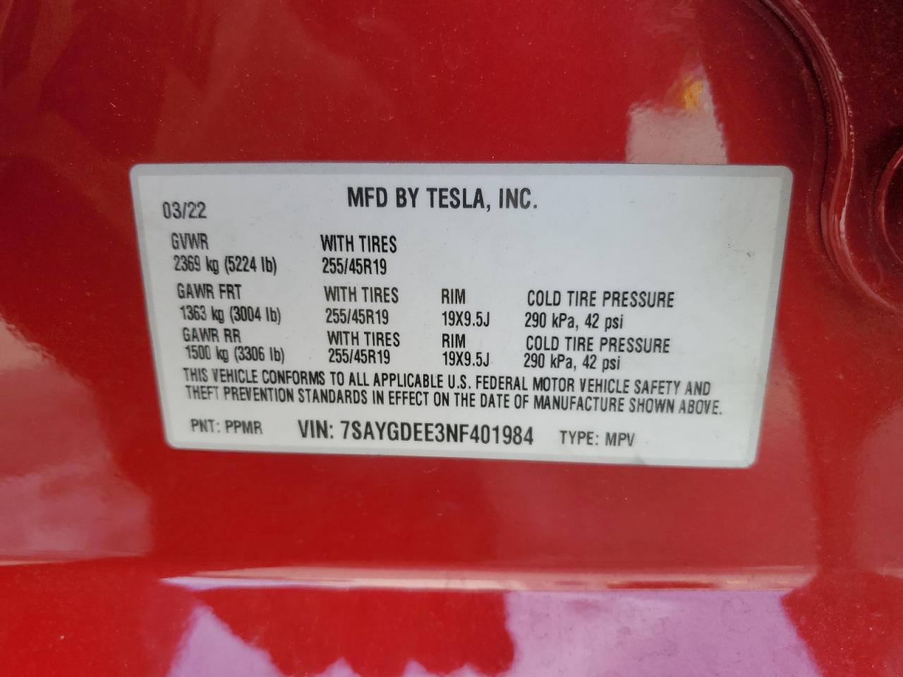 2022 TESLA MODEL Y VIN:7SAYGDEE3NF401984