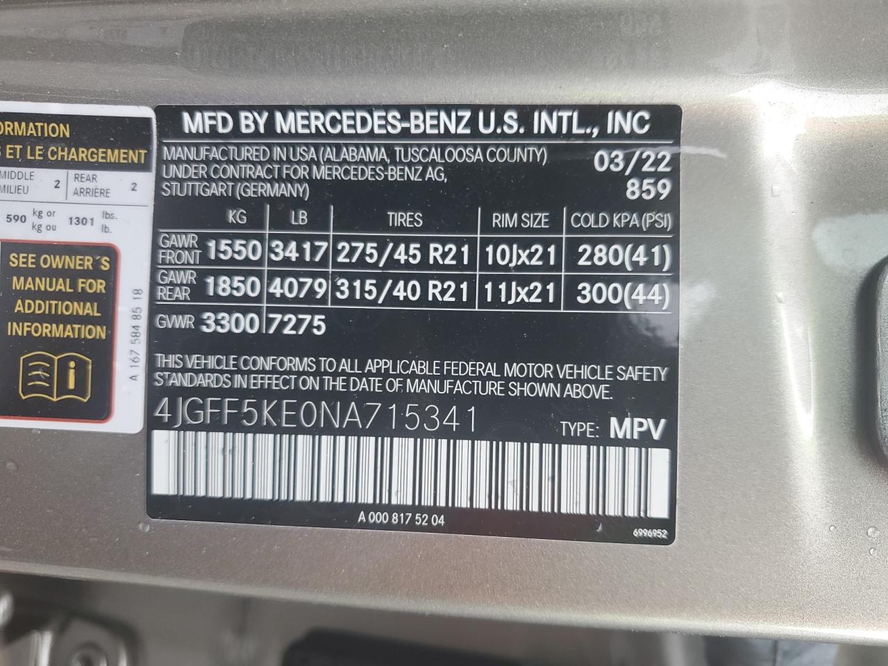 2022 MERCEDES-BENZ GLS 450 4MATIC VIN:1GTG6CE39F1202730