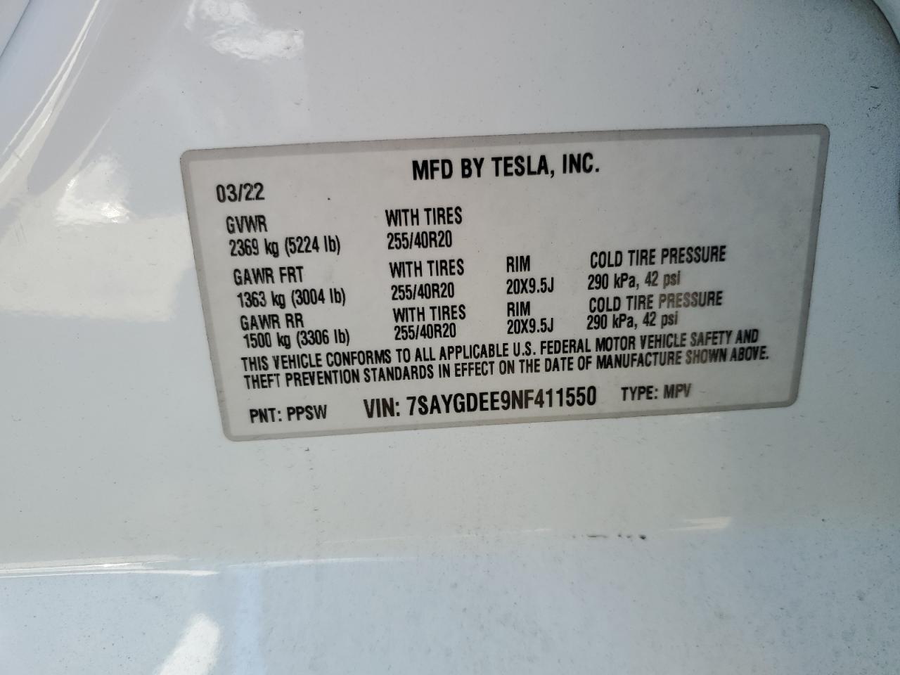 2022 TESLA MODEL Y VIN:7SAYGDEE9NF411550