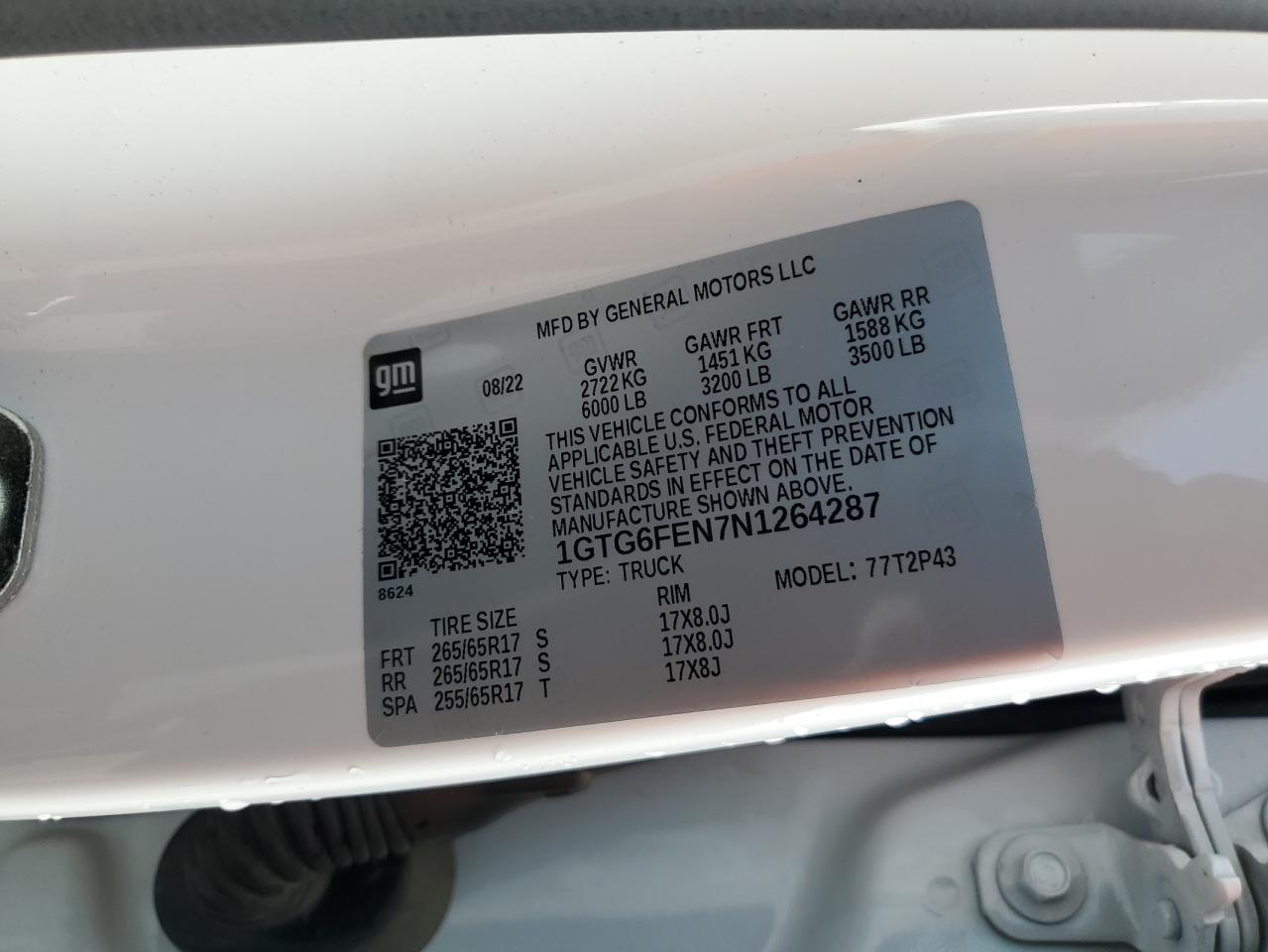 2022 GMC CANYON AT4 VIN:1GTG6FEN7N1264287