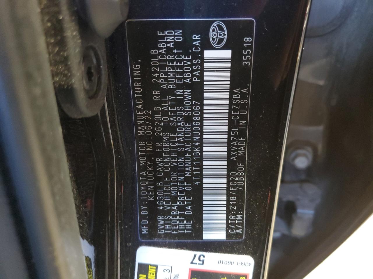 2022 TOYOTA CAMRY SE VIN:4T1T11BK4NU068067