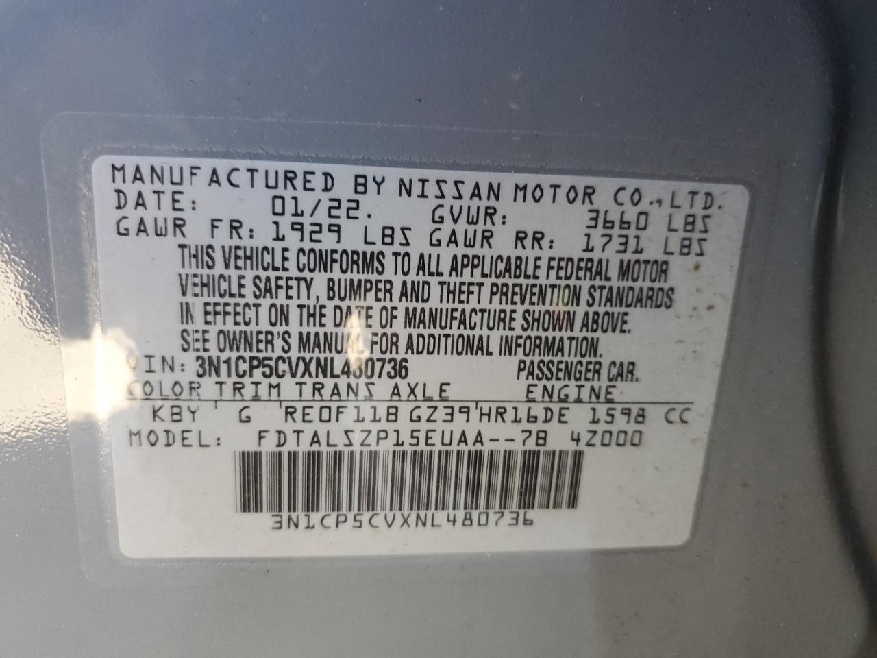 2022 NISSAN KICKS SV VIN:3N1CP5CVXNL480736