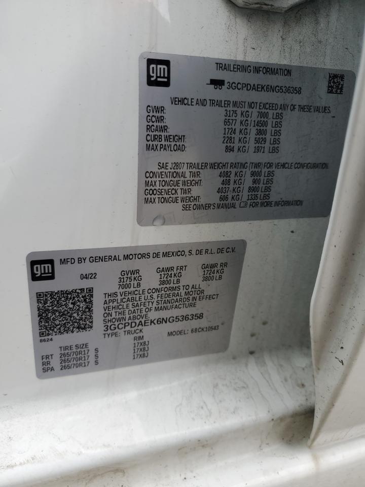 2022 CHEVROLET SILVERADO K1500 VIN:3GCPDAEK6NG536358