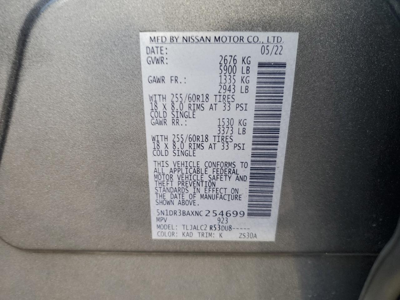 2022 NISSAN PATHFINDER SV VIN:5N1DR3BAXNC254699