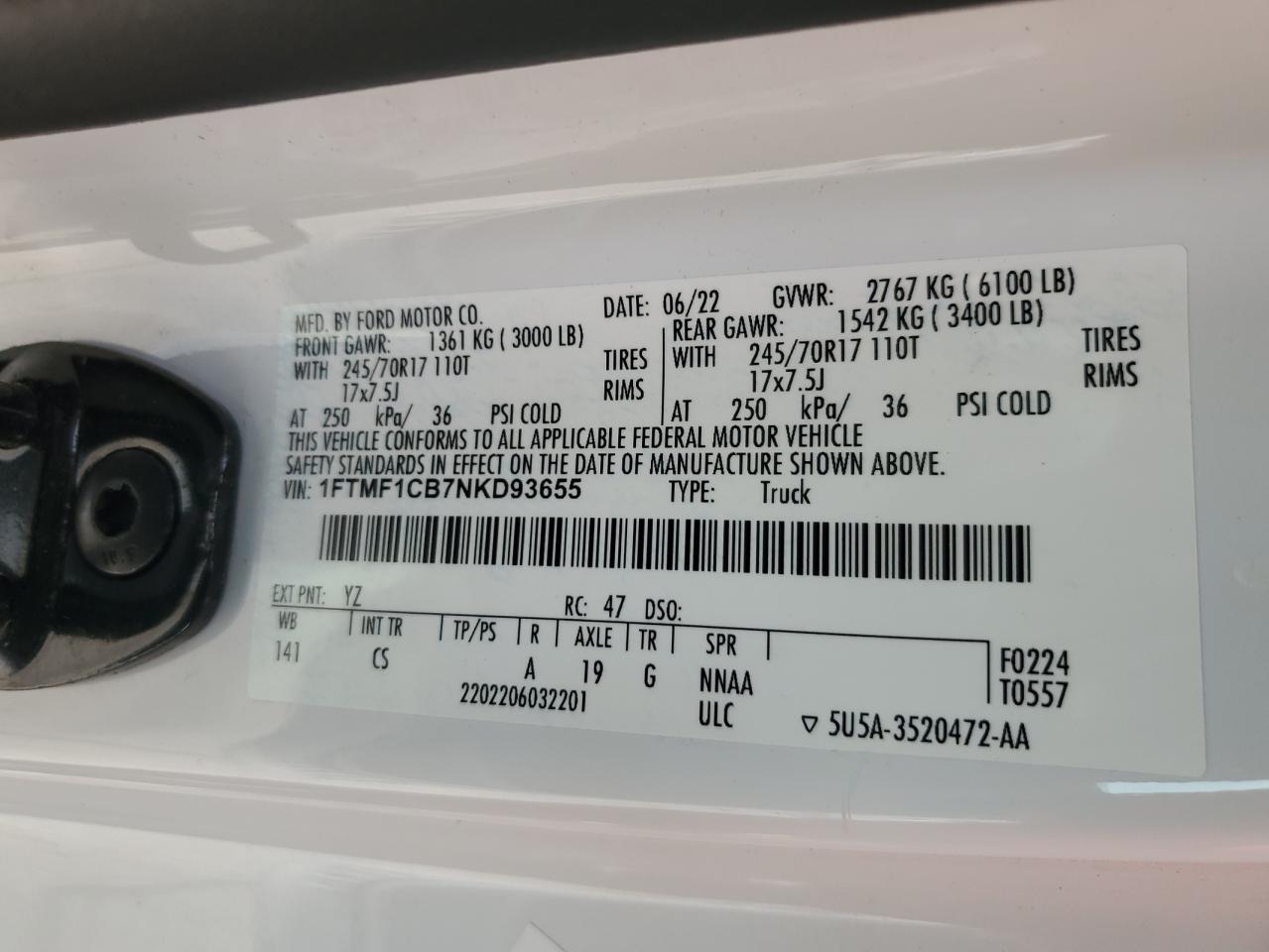 2022 FORD F150 VIN:1FTMF1CB7NKD93655