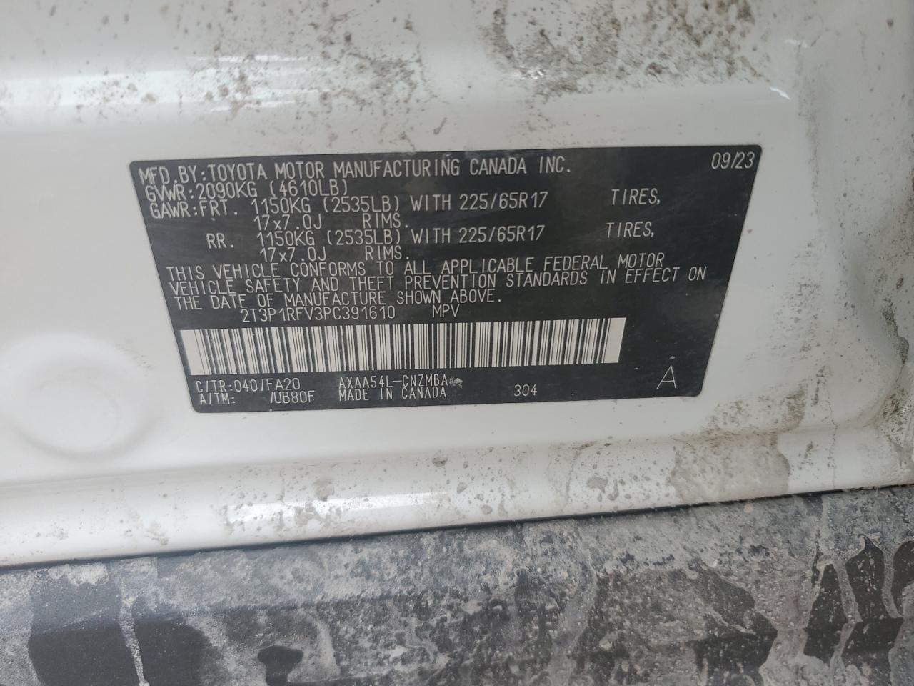 2023 TOYOTA RAV4 XLE VIN:2T3P1RFV3PC391610