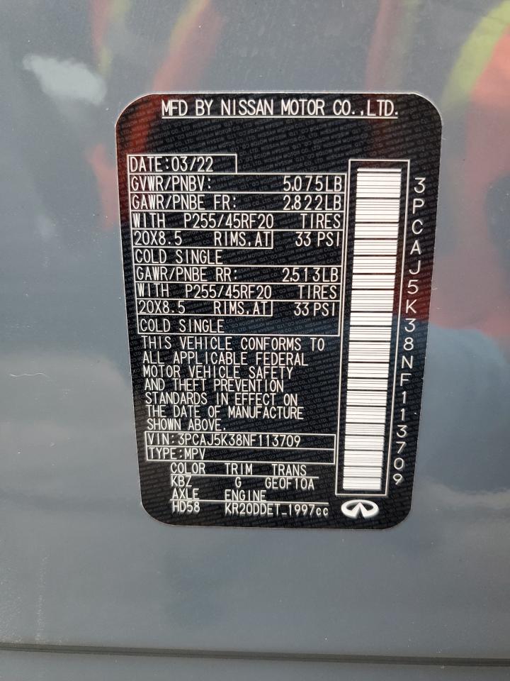 2022 INFINITI QX55 ESSENTIAL VIN:3PCAJ5K38NF113709