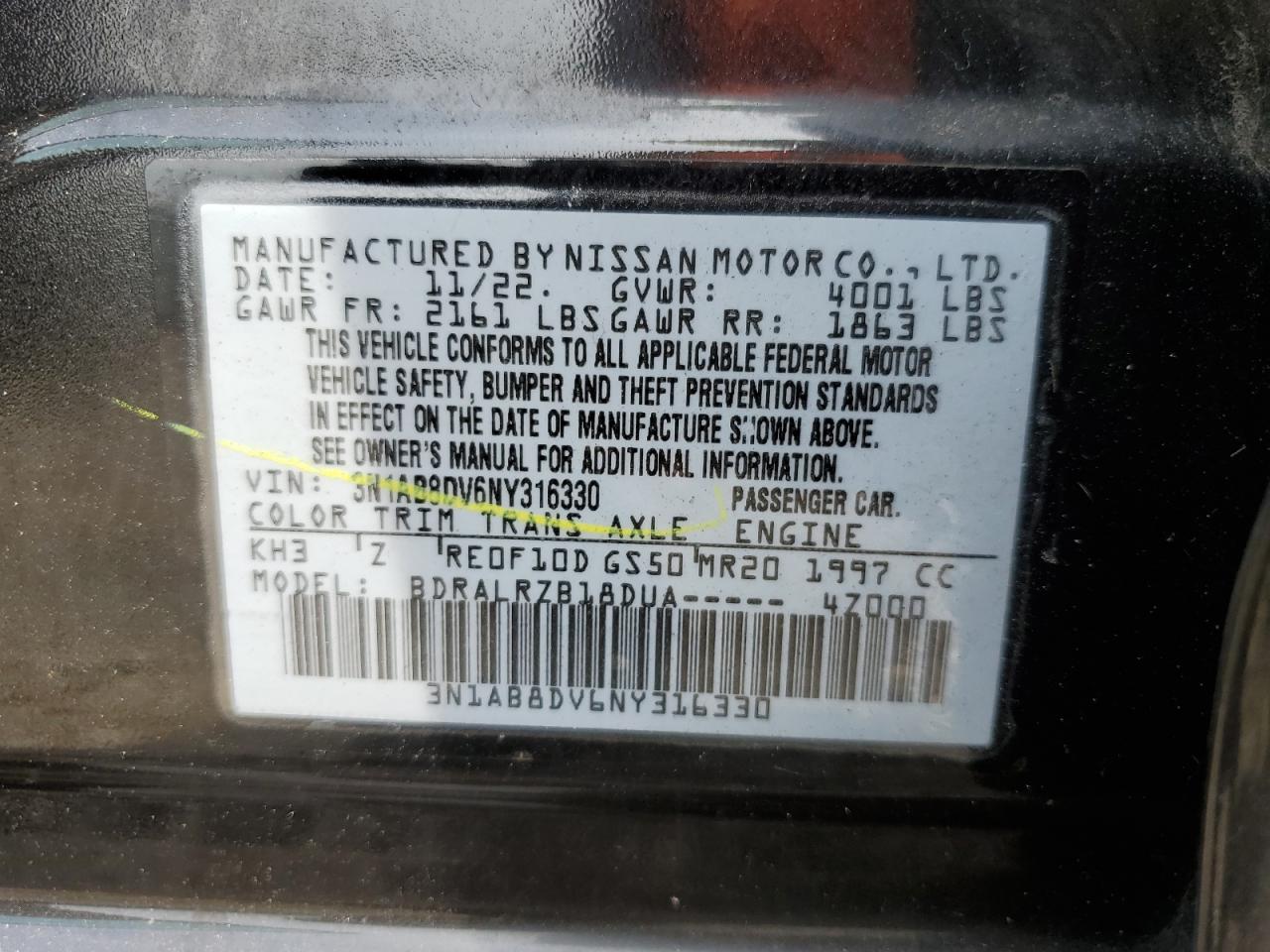 2022 NISSAN SENTRA SR VIN:3N1AB8DV6NY316330