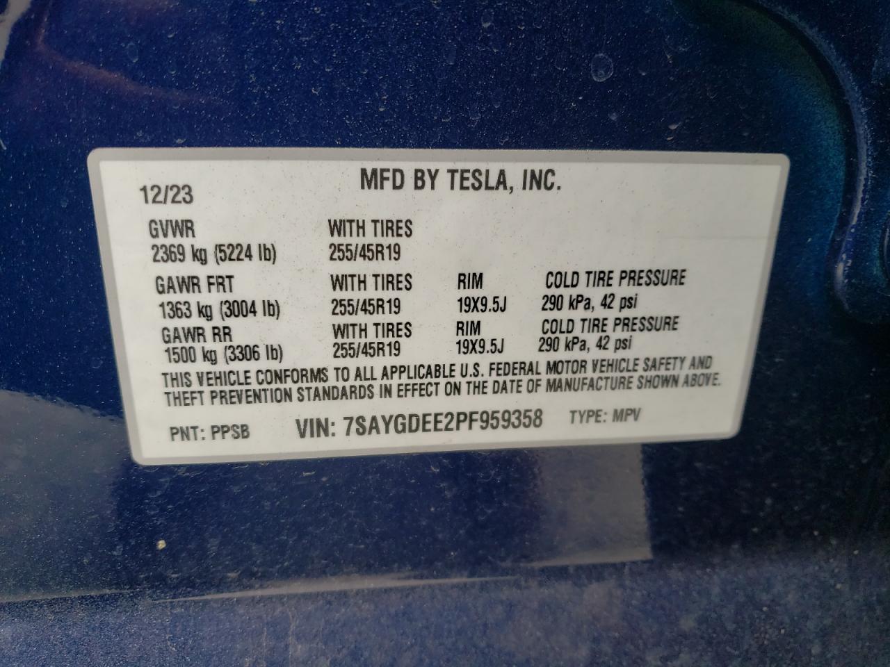 2023 TESLA MODEL Y VIN:7SAYGDEE2PF959358