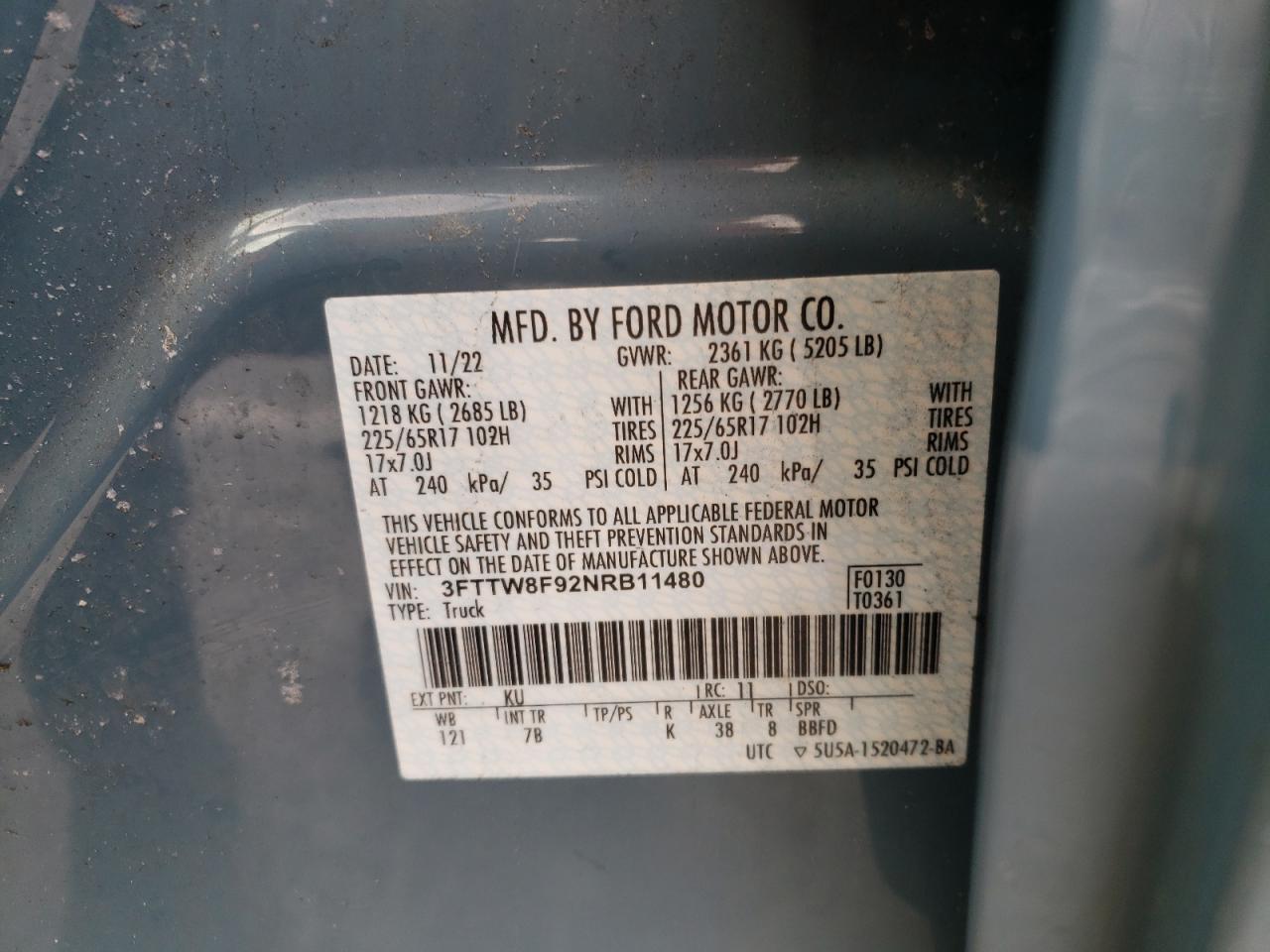2022 FORD MAVERICK XL VIN:3FTTW8F92NRB11480