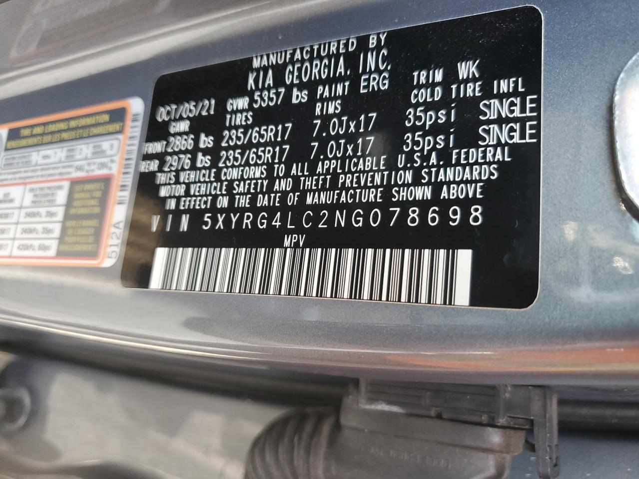 2022 KIA SORENTO LX VIN:5XYRG4LC2NG078698