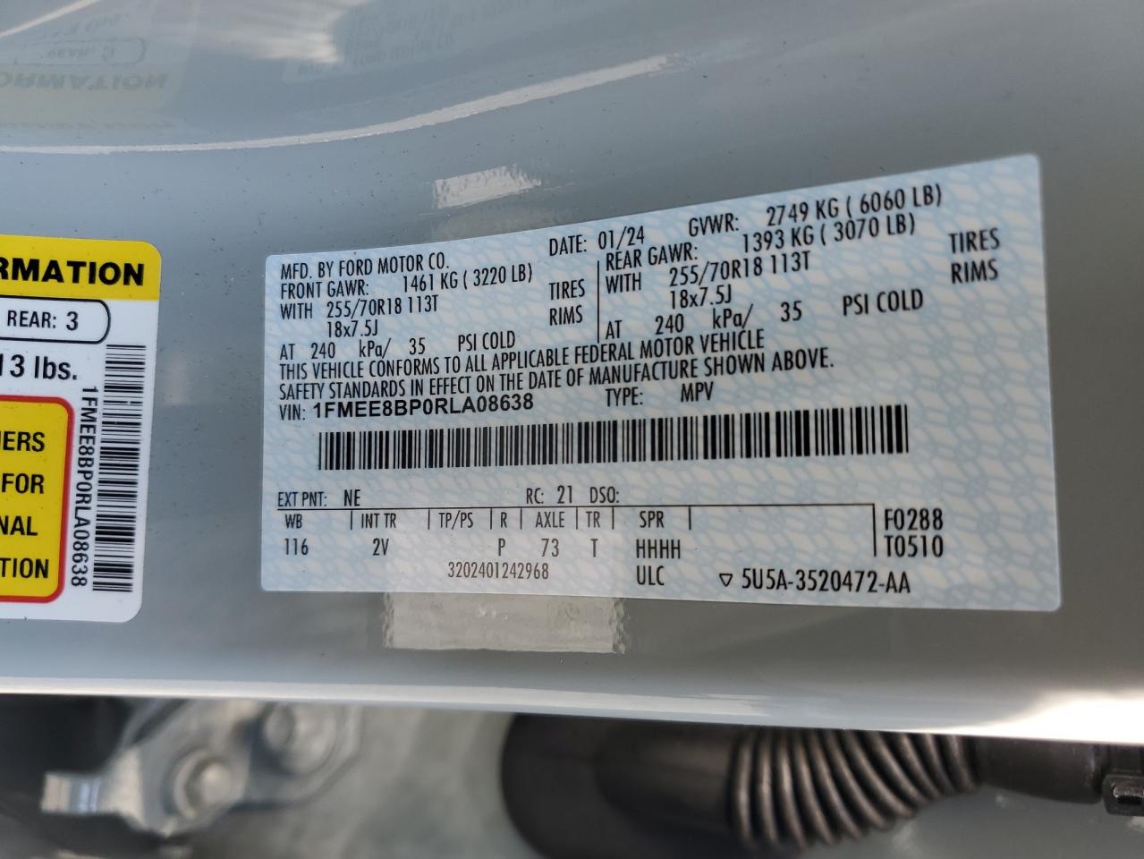 2024 FORD BRONCO OUTER BANKS VIN:1FMEE8BP0RLA08638