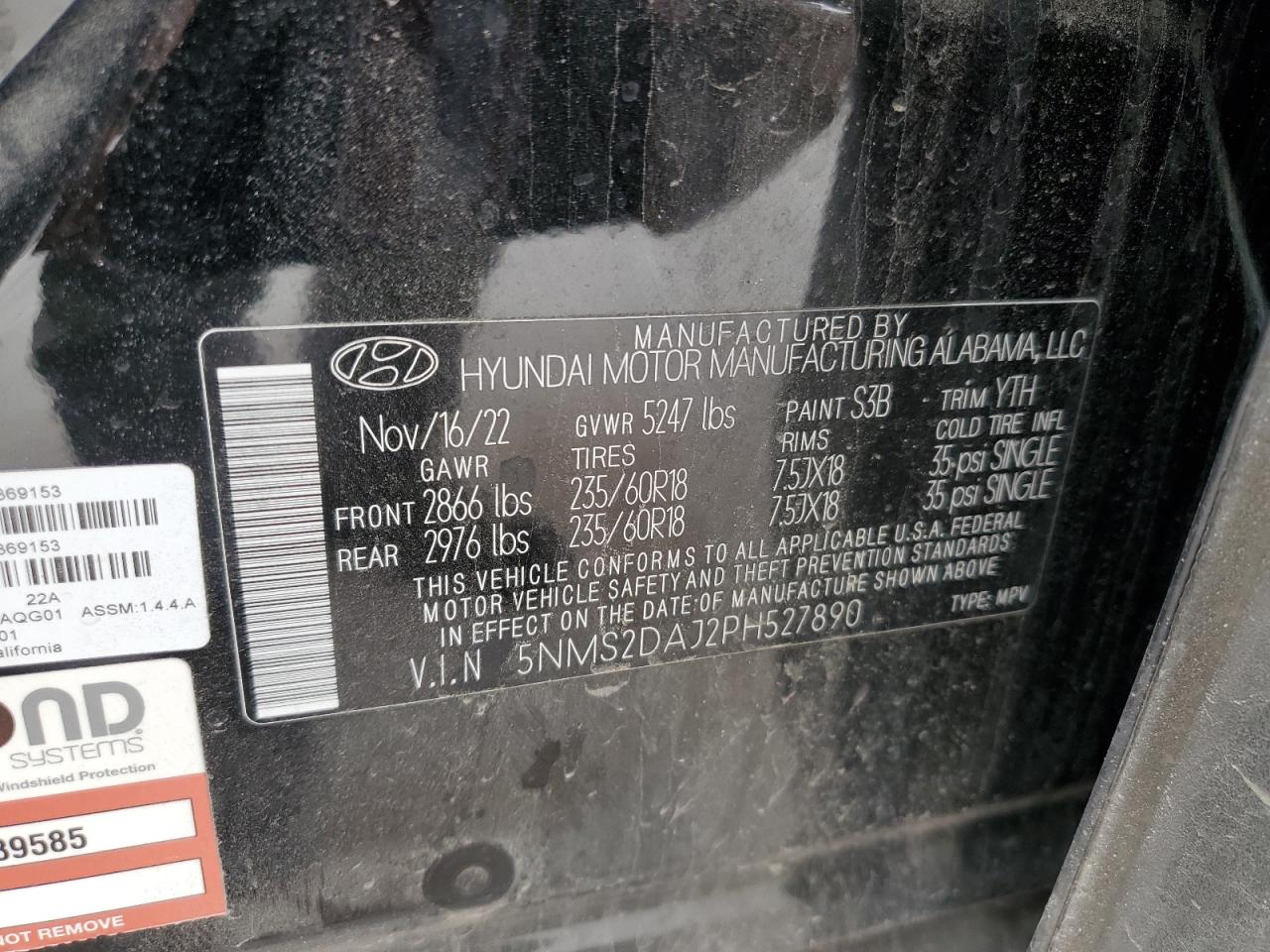 2023 HYUNDAI SANTA FE SEL VIN:5NMS2DAJ2PH527890