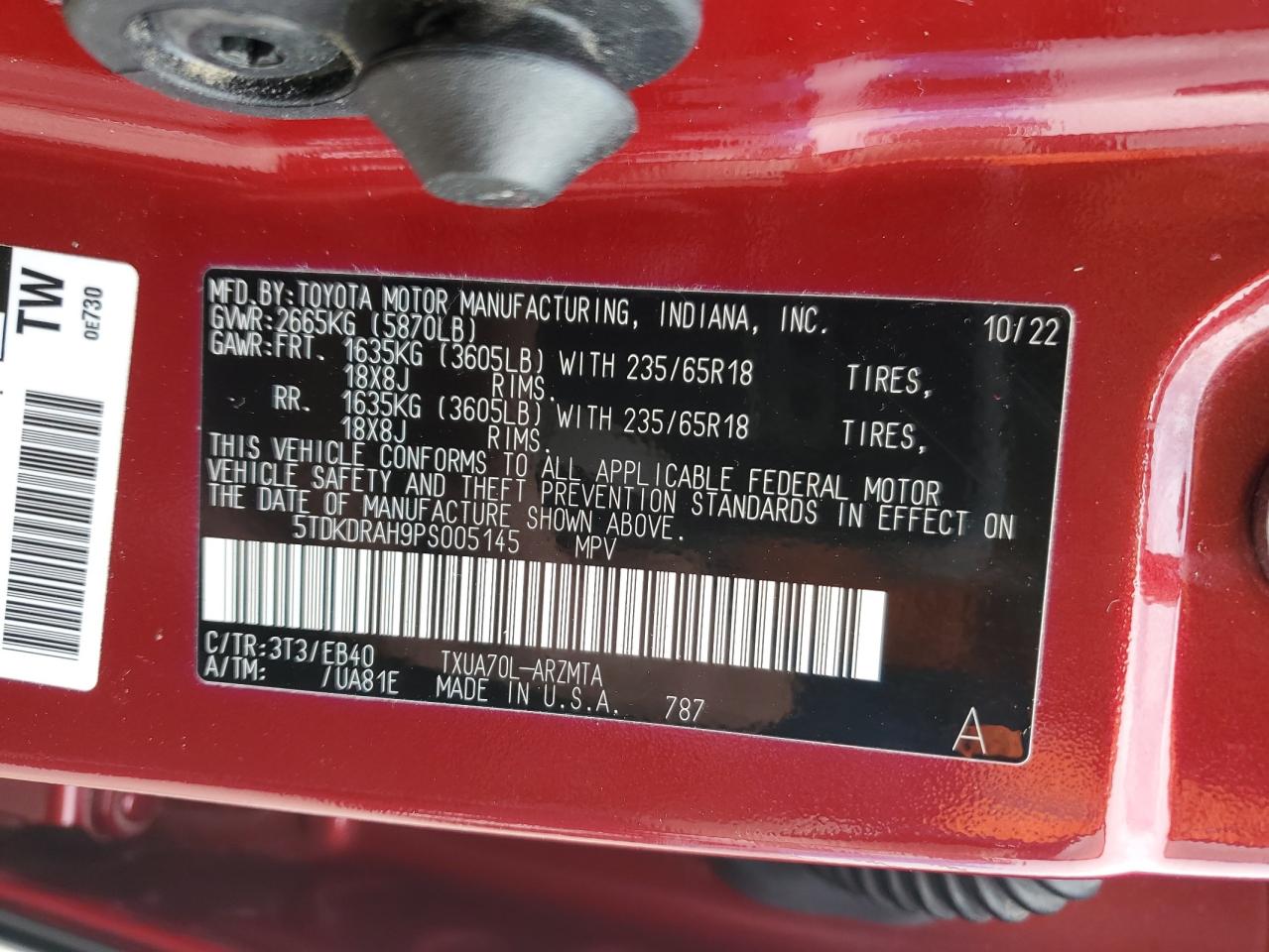 2023 TOYOTA HIGHLANDER L VIN:5TDKDRAH9PS005145