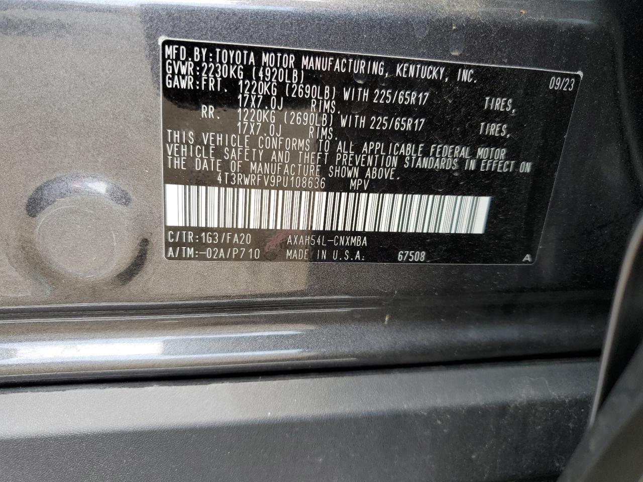 2023 TOYOTA RAV4 XLE VIN:4T3RWRFV9PU108636