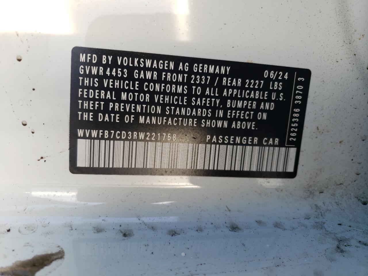 2024 VOLKSWAGEN GOLF R VIN:WVWFB7CD3RW221758