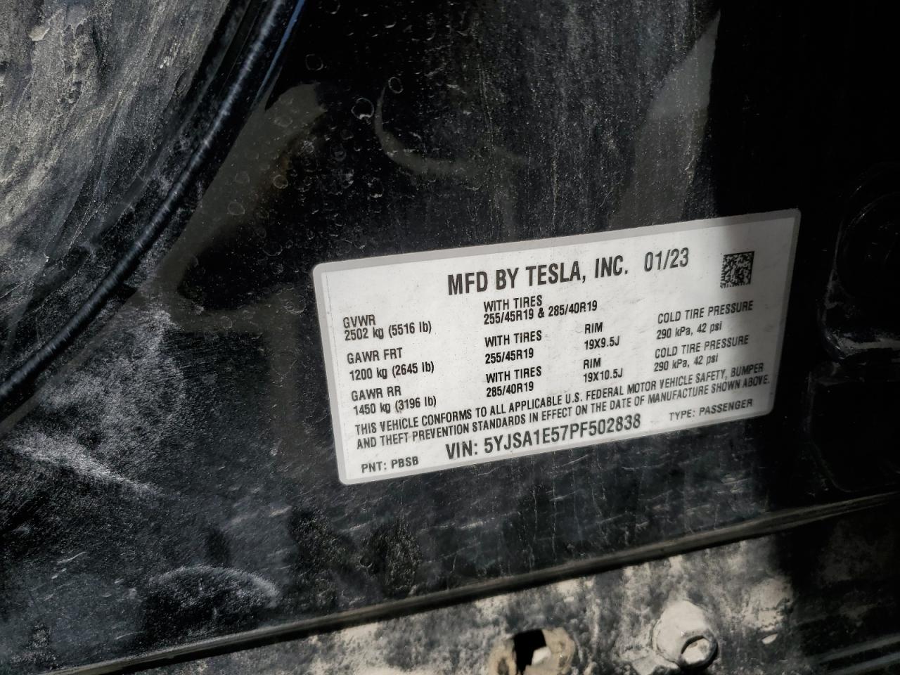 2023 TESLA MODEL S VIN:5YJSA1E57PF502838